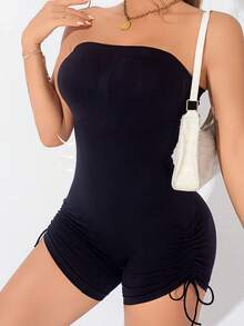 一件式女士无缝塑身连体衣，具有收腹、提臀、胸部支撑和打底功能。 - 黑色 - 查看 4