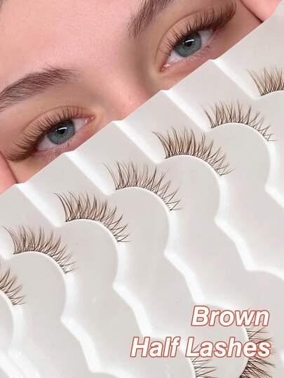 Rikuaild 7/14 Pairs Brown Half Lashes Of Natural Style Clear Band Fox Eye Half-Eye Lashes, Cat Eye Eye Tail Elongation Soft And Light Eyelashes,For Daily Life&Wedding&Dating&Party&Music Festival&Travel