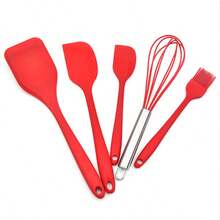 5件套红色硅胶厨房用具套装 | 不粘烹饪烘焙工具 | 包括锅铲、夹子、打蛋器、刷子 | 耐热 - 紅色 - 查看 10