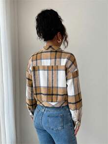 Spring Fall Plaid Tweed Jacket Women's Notch Lapel Button Front Faux Pockets Long Sleeve Casual Resort Coat - 卡其色 - 查看 6