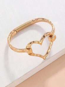 1pc European And American Style Fashion Alloy Open Heart Shaped Bracelet Women, Versatile Street Style Web Celebrity Hand Chain Valentines,Mom,Mother,Mother's Day, - Gold - 查看 3