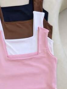 Set Of 4 Women's Tank Tops With Square Neckline, Straight Leg, Suplex Fabric, Summer Basic Plain, Fashionable, Elegant, , Blogger Style - WHITE ROSE BROWN BLACK - View 2