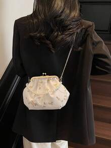 极简花卉双肩包、花卉图案包、晚宴包、女士包、时尚女士手提包、手提包、单肩斜挎包、纯色链条包、仿珍珠手提包 - 白色 - 查看 8