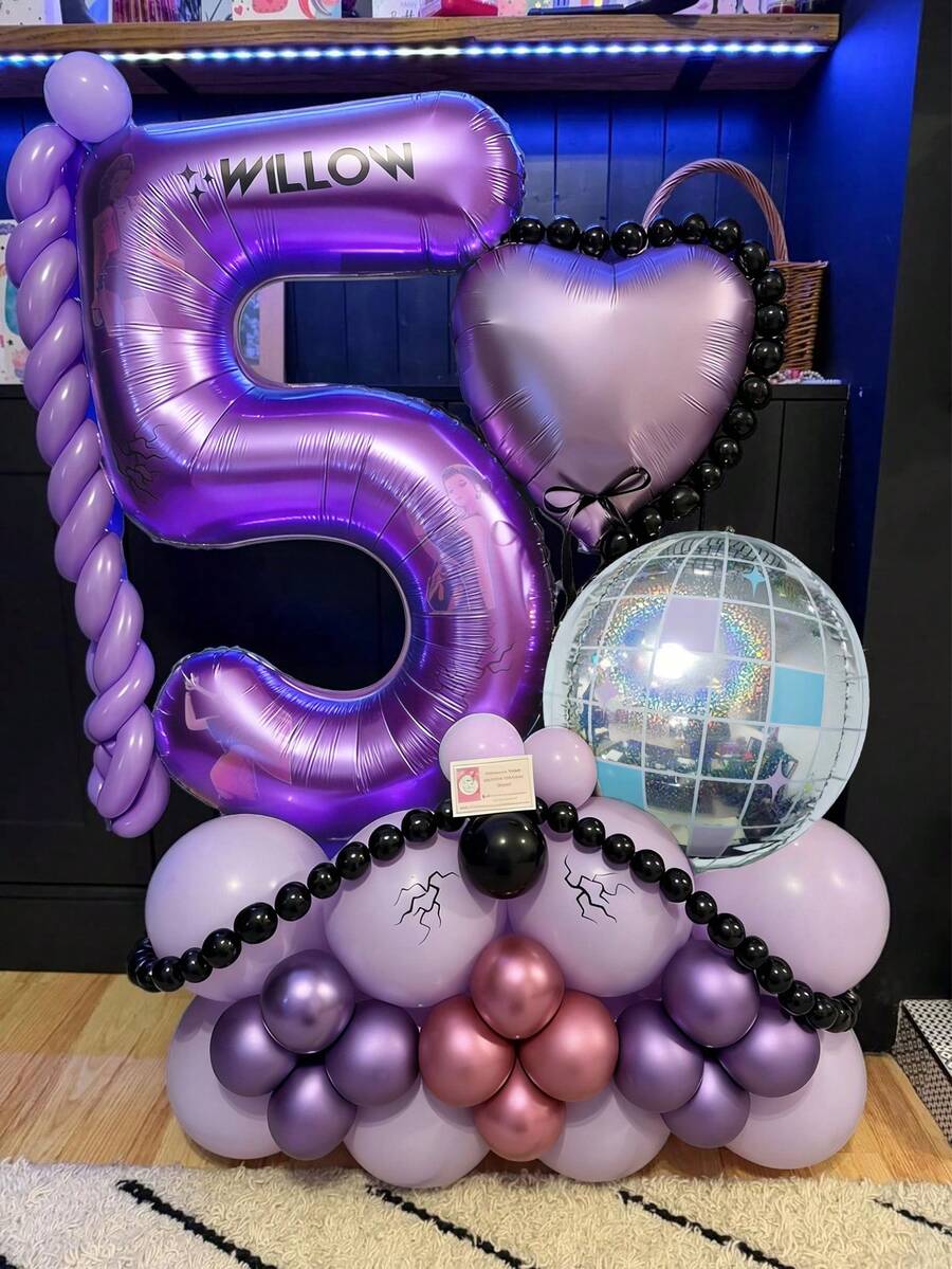 49件組 K-Pop 音樂主題氣球柱套裝,包含紫色數字 0-9、迪斯可球,適用於 K-Pop 音樂主題生日派對裝飾、卡拉OK音樂主題裝飾、80年代迪斯可主題生日派對、星空主題舞會、新年舞會慶祝裝飾用品 - 彩色 - 查看 1