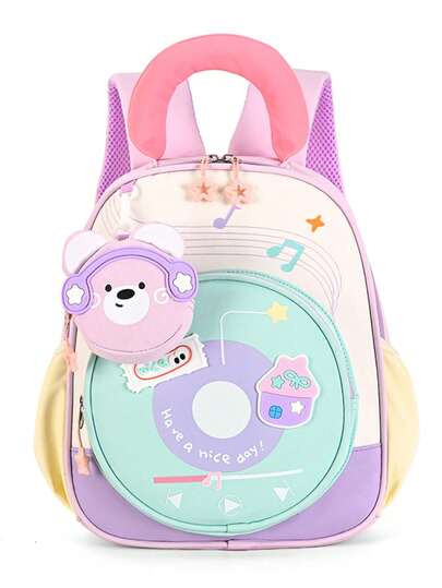 1pc Macaron Color Donut Record Shaped Backpack, Nylon Fabric, Handheld Or Shoulder Strap, Zipper Closure, Cute Style, Daily Use For Girls