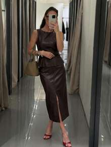 女士新款夏季都市通勤时尚优雅套装，上衣配腰带，修身剪裁，开衩裙摆半身裙 - 棕色 - 查看 8