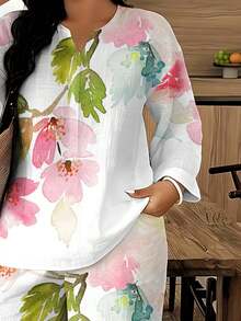 Mature Women Plus Size Notch Collar Three-Quarter Sleeve Top Wide Leg Pants Two-Piece Set Watercolor Pink Flower Print Loose Breathable Set Comfortable Versatile Outfit For Spring Summer Travel And Home Wear - 彩色 - 查看 4