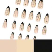 用这款24片装个性化复古街头风简约休闲优雅日常3D不对称曲线浮雕黑色法式中杏仁形假指甲套装，瞬间提升您的造型，适合个性独特的女孩和女士在日常生活和购物中使用。 - 黑色 - 查看 3