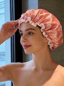 双层防水印花浴帽，时尚女士防潮发套，居家淋浴厨房护发 - 彩色 - 查看 6