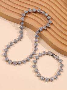 两件套心形链项链和手链套装，男女皆宜，嘻哈风格，奢华珠宝套装，情人节、生日礼物 - 愛心 - 查看 4