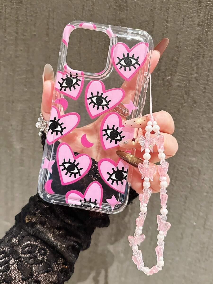 Pink Heart Pattern, Protective Case With Butterfly Lanyard, Compatible With Phone Models 17promax/15promax 14plus/13promax/12/11/7G/7P/IX/XR/XSMAX/11/12/13/14/15/16/15pro/15 Plus/15 Promax/7plus/8plus/X/Xs Max/Xr/11pro/12pro/13pro/14pro/12mini/13mini/11promax/12promax/13promax/14promax/14plus/6/6s/6plus/7/8/16Pr16Pro/16plus/16promax/12Pro/17/17Pro/17Promax/17air, Cute Phone Case, Phone Accessories With Beaded Lanyard - Multicolor - View 1