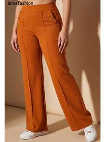 Pantalón de vestir mujer cintura alta pierna ancha stretch crepé casual elegante para oficina reuniones eventos bolsillos pretina elasticada botón forrado antiarrugas sin transparencia suave - Marrón Mocha - Ver 7