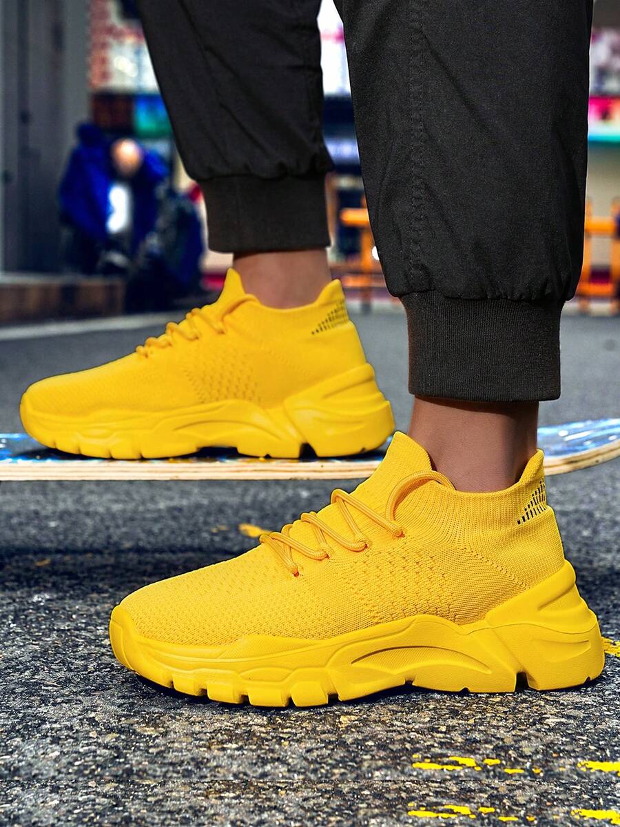 Men's Yellow Sneakers With Breathable Knit Upper – Fashionable Chunky Sole Athletic Shoes For Comfortable Walking, Casual Wear, And Outdoor Adventures, Excellent Gift Choice - 黃色 - 查看 1