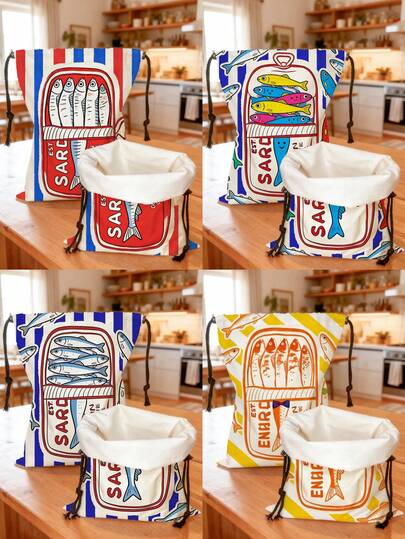 Colorful Striped Sardine Print Reusable Storage Bag, Unbleached Food- Drawstring Closure Bag For Kitchen, Jewelry Gifts, Travel And Camping