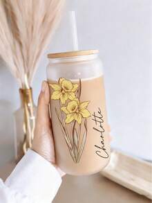 1pc Personalized Birth Flower Glass Cup, Customized Bridesmaid Wedding Gift, Mother's Day Valentine's Day Present, Outdoor Picnic Cup - Multicolor - View 4