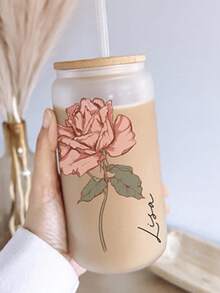 1pc Personalized Birth Flower Glass Cup, Customized Bridesmaid Wedding Gift, Mother's Day Valentine's Day Present, Outdoor Picnic Cup - Multicolor - View 3