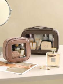 1个高品质真皮化妆包，真皮便携式化妆品收纳包，大容量洗漱包，全新透明精致设计 - 查看 1