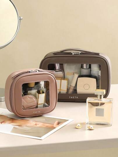 1pc High-Quality Leather Cosmetic Bag, Leather Portable Makeup Organizer Bag, Large Capacity Toiletry Bag, New Transparent Exquisite Design