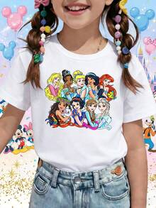 Disney Princess Squad Ariel Elsa Moana Printed Pattern T-Shirts For Girls - Children's Clothing Design Short-Sleeved Casual And Cute Style Comfortable And Casual Wear All Year Round Suitable For Parties And Play Machine Washable Gift Children's Clothing Girls' Short-Sleeved Shirts - White - View 1