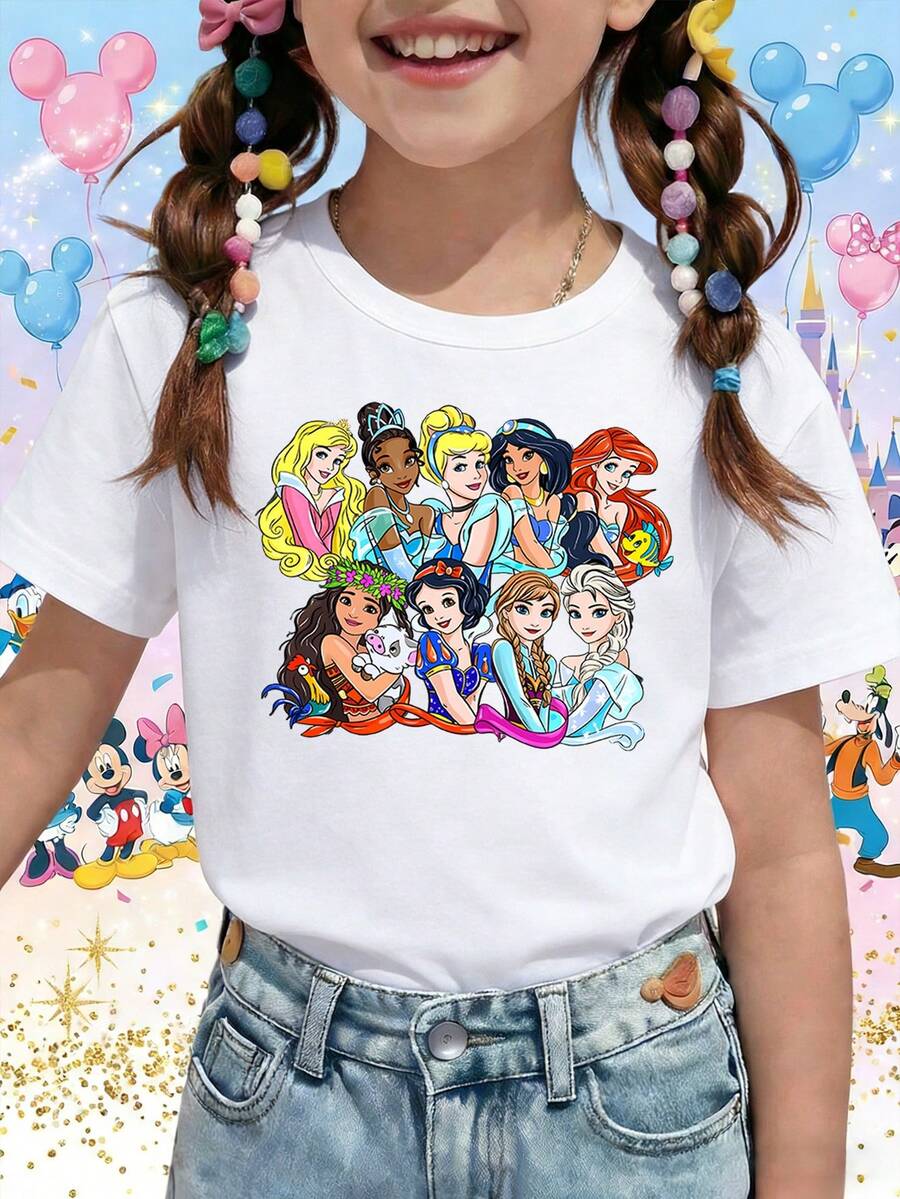 Disney Princess Squad Ariel Elsa Moana Printed Pattern T-Shirts For Girls - Children's Clothing Design Short-Sleeved Casual And Cute Style Comfortable And Casual Wear All Year Round Suitable For Parties And Play Machine Washable Gift Children's Clothing Girls' Short-Sleeved Shirts - White - View 1