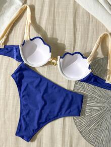 Bikinx 女士优雅度假贝壳杯撞色滚边细钢圈泳衣，夏季海滩 - 藍色 - 查看 5