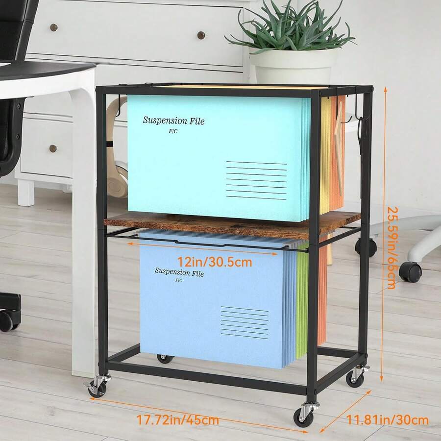Rolling File Cart, Mobile File Cabinet, File Folder Rack Holders, 2 Tiers, Pull-Out Letter And Legal Size, File Folder Organizer With Wheels For Hanging Files, Home, Office, Black - Brown - View 1