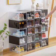 可堆叠透明鞋盒，展示收纳盒，塑料透明抽屉式鞋盒，鞋架，鞋柜，独立式，适用于办公室和家庭展示收纳，鞋盒，透明，黑色 - 黑色 - 查看 3