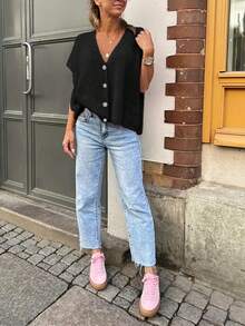 V Neck Plain Asymmetrical Button Sleeveless Loose Casual Elegant Knit Vest, Four Seasons Daily Wear, Women's Fashion Top,Vacation Outfits Women,Summer Outfits For Women Black - Black - View 6