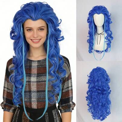 女士长卷蓝色角色扮演假发，带浅蓝色挑染 - 耐热合成纤维，适合节日、动漫、角色扮演派对、漫展、日常佩戴及拍照 - 自然蓬松大波浪假发，专为女性角色扮演者设计 - 可调节帽围，适合大多数头围 - 触感柔软，易于造型和保养