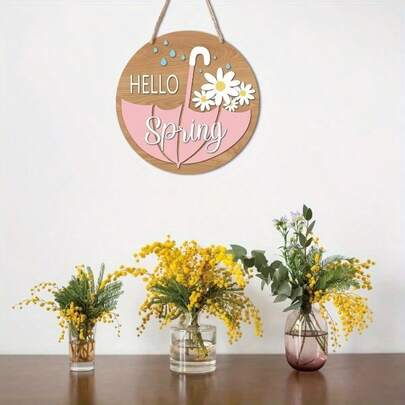 1pc 2D Flat Spring Welcome Doorplate, Wooden Spring Doorplate, Spring Wooden Wall Decor, Spring Door Decor, Umbrella Daisy Wooden Round Plaque (For Front Door)