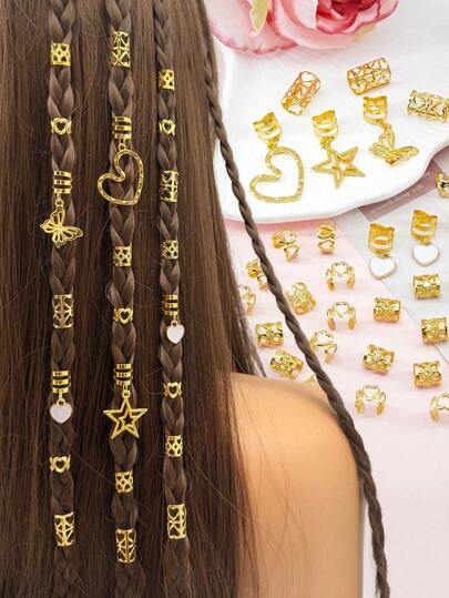 35 piezas Accesorios DIY para el cabello con scrunchies en forma de corazón, estrella y mariposa, de metal hueco ajustable, estilo minimalista con cuentas, adecuado para niñas