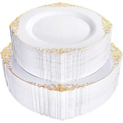 25/10 pièces Set de vaisselle dorée, Assiette de dîner 26 cm/Assiette à dessert 19 cm, Base blanche avec motif dragon doré en relief, Vaisselle de fête réutilisable, Plateau à fruits/gâteaux, Dessous de verre, Design empilable gain de place, Idéal pour les mariages, fêtes, anniversaires, rassemblements en plein air, repas de Noël et d'Action de grâce.