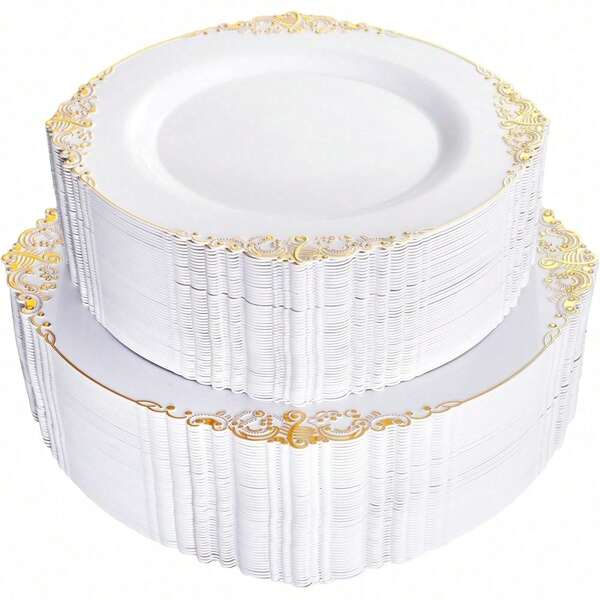 25/10件套金色餐具，26厘米餐盘/19厘米甜点盘，白色底，金色浮雕龙纹，可重复使用的派对餐具，水果/蛋糕托盘，杯垫，节省空间的可堆叠设计，非常适合婚礼、派对、生日、户外聚会、圣诞节和感恩节大餐。
