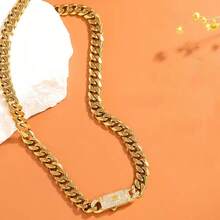 6mm Stainless Steel Necklace For Men, 14K Gold Plated Cuban Link Chain With Zirconia Stone, Titanium Steel Clasp, Holiday Gift - Style 1 - View 7