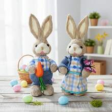Easter Bunny Decoration Cute Straw Rabbit Figurines Table Centerpiece For Home Farmhouse Holiday Spring Party Tiered Tray Decor - 湖藍色 - 查看 5