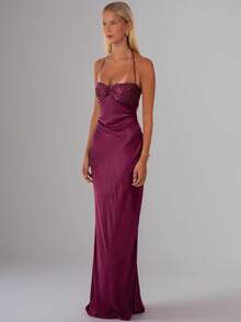 New European American Style Sexy Strapless Sequin Satin Solid Color Backless Tie Bodycon Maxi Dress - 紫色 - 查看 3
