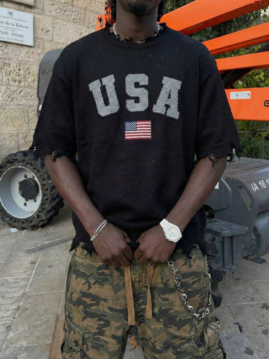 Camiseta de punto de manga corta con cuello redondo, estampado de bandera de EE. UU., flecos y desgaste, versátil y ligera, para uso casual y de fiesta de pareja, de ANDREILEE, color negro - Negro - Ver 1