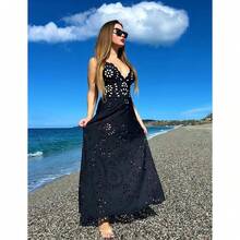 Floral Maxi Dress For Women - Black Cutout Beach Cover Up V Neck Spaghetti Strap Summer Dresses Casual Long Bohemian Flowy Dresses - As Picture - 查看 2