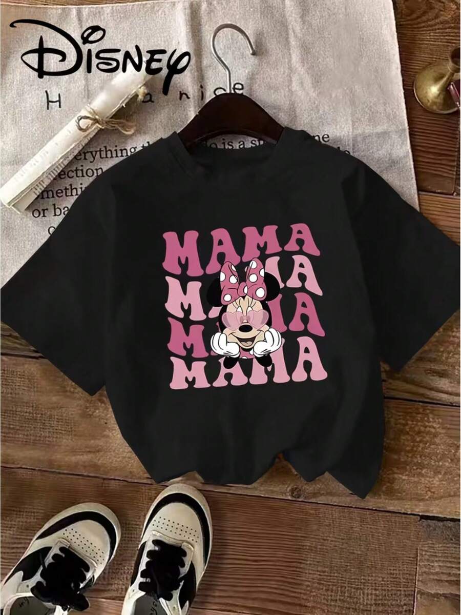 Minnie Mouse And MAMA Pattern Disney Summer New Short-Sleeved T-Shirt Blouse Ladies Casual Fashion Printed T-Shirt Ladies Elegant Women's Clothing. - Black - View 1