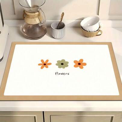1pc Minimalist Floral Pattern Absorbent Dish Drying Mat, Espresso Machine Countertop Absorbent Mat, Sink Drain Mat, Soft Faucet Absorbent Mat, Bathroom Sink Cup Mat, Home & Kitchen Accessories