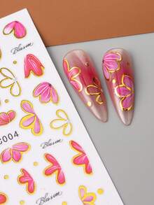 2片闪亮粉色花瓣春季美甲贴纸，金色边框，镂空花朵美甲贴花，婚礼美甲用品，DIY节日美甲饰品装饰 - 彩色 - 查看 6