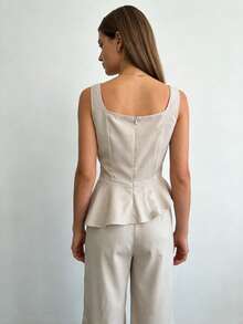 女士优雅简约日常通勤及休闲约会套装，杏色荷叶边下摆上衣和裤子 - 杏色 - 查看 7