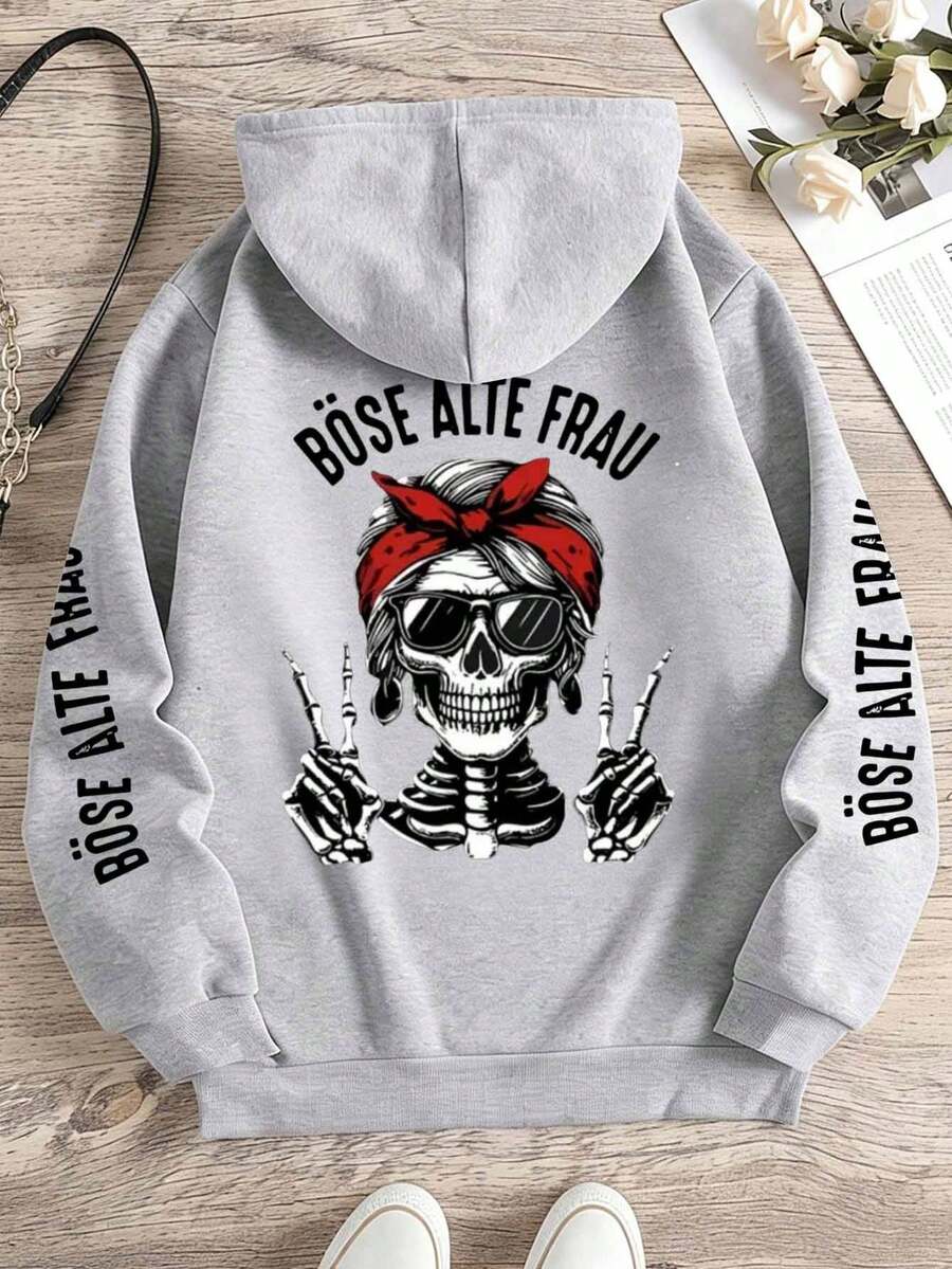 加大码女式骷髅印花卫衣 - 灰色 - 查看 1