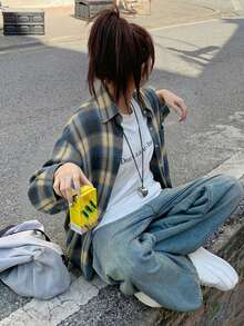 格子长袖衬衫，初秋休闲外套，春季衬衫 - 藏蓝色 - 查看 7