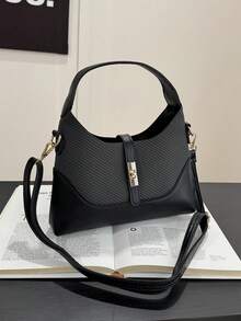 Bolso de diseño de nicho con bloques de color, bolso de hombro cruzado portátil versátil para ir al trabajo, bolso de mano, adecuado para el uso diario y citas casuales - Negro - Ver 5