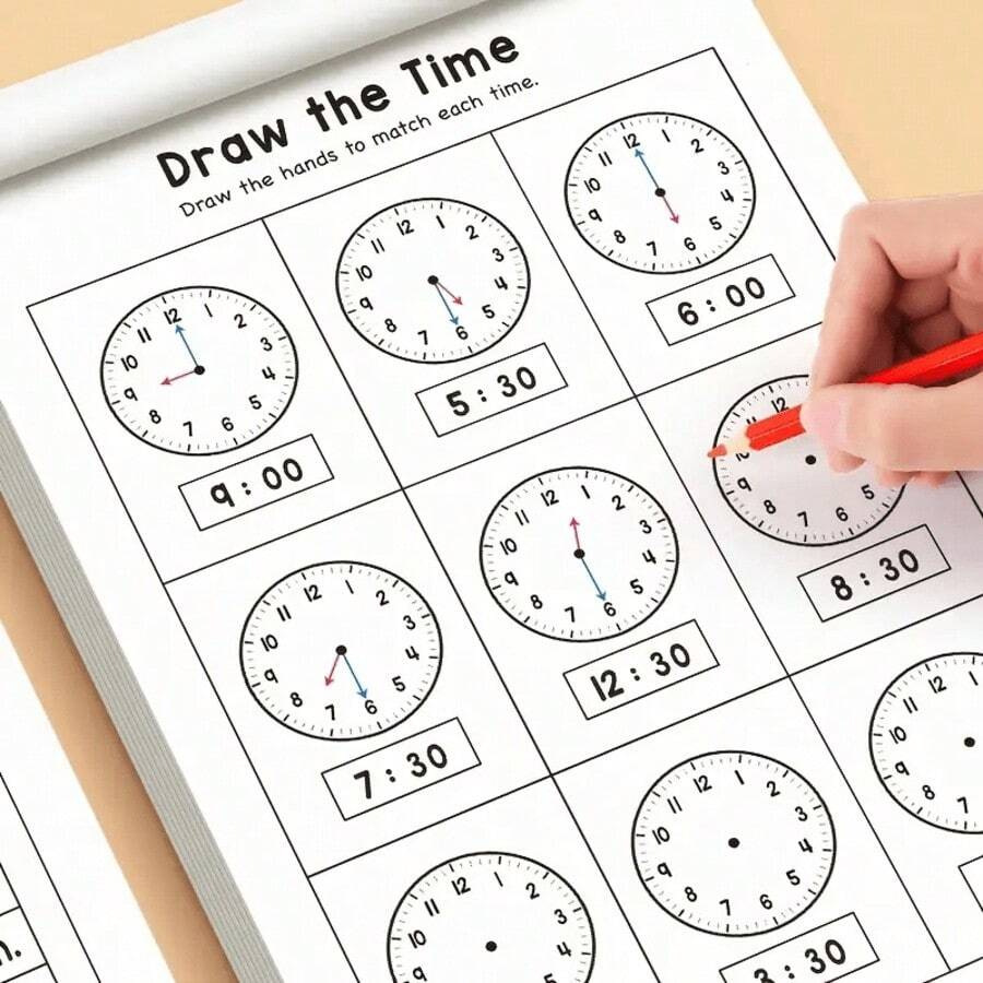 32pcs Time Cognition Workbook: 32-Page Analog And Digital Time Skills Development Manual - Daily Time Matching, Coloring Activities And Clock Reading Exercises, Suitable For Home, Learning Space And Independent Practice (Gradual Time Mastery Resource) - Multicolor - View 1