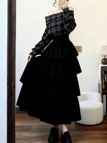 [Y6Y] 女士黑色松果A字层叠长裙，适合度假和春季休闲穿着 - 黑色 - 查看 6