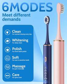 Cepillo de dientes eléctrico para adultos, recargable por USB, con 12 cabezales de cepillo, temporizador inteligente, 6 modos - Azul, Blanco - Ver 3