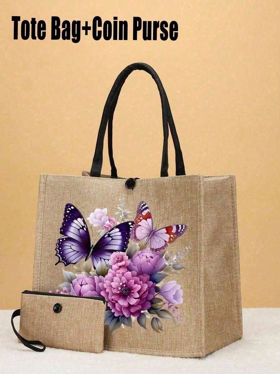 2pcs/Set Pink Butterfly Print Canvas Bag Set, Includes Linen Material Fashion Pattern Tote Bag And Convenient Coin Purse, Perfect For Shopping, Travel And Beach Activities, Multifunctional Women's Bag, Suitable For Daily, Travel, Shopping, Work, Gift Giving - Multicolor - View 1