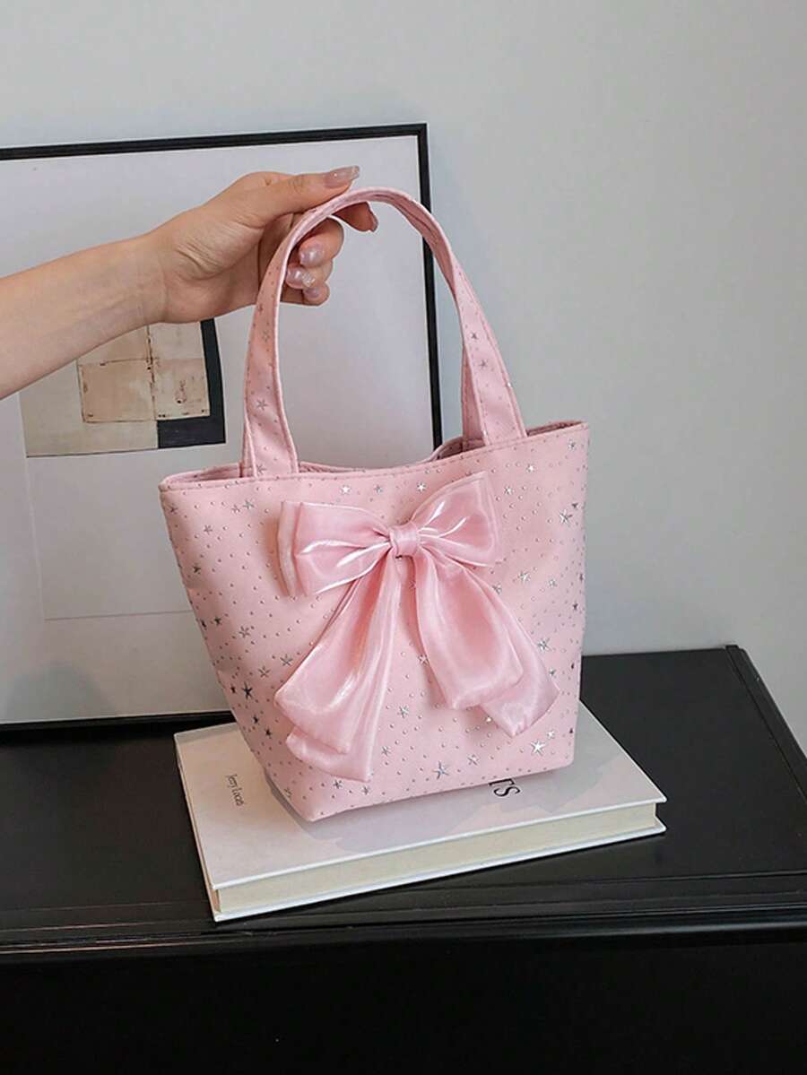 Bow Decor Minimalist Women's Handbag, Lightweight Large Capacity Fashion Bucket Bag, Suitable For Commuting And Shopping - Pink - View 1